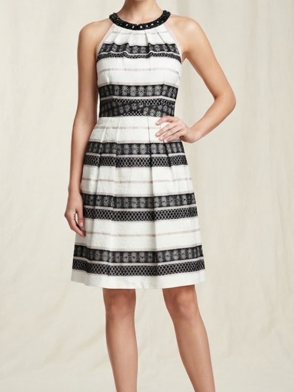 Adrianna Papell Black & White Jacquart Striped Lace Halter Midi Dress